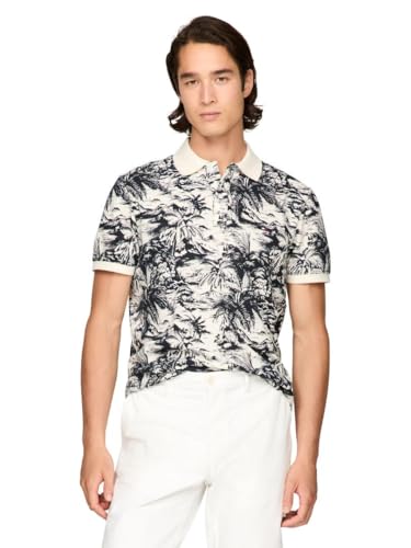 Tommy Hilfiger Men's Short Sleeve Linen Polo Shirts in Regular Fit with Tropical Print Designs