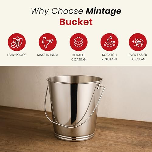 Image of Mintage Stainless Steel Bucket for Bathroom 15.6 litres Capacity | Water Storage Bucket for Kitchen | Balti for Serving | Leak Proof Multipurpose Use | Balti for Home Steel Buckets with Handle
