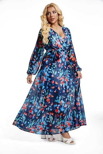 Image of lvenzse Womens Maxi Dress Boho Chiffon Floral Printed Long Party Dresses Plus Size with Belt (FBA)
