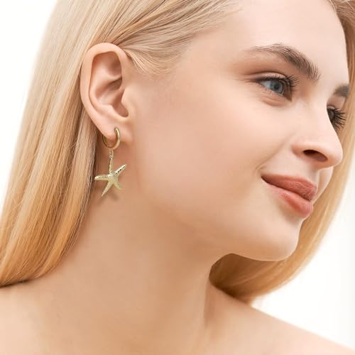 Image of Gold Starfish Mermaid Tail Dangle Drop Earrings for Women, Trendy Cute Pearl Fish Tail Shell Textured Hoop Dangling Earing Summer sea Beach Jewelry Gift.