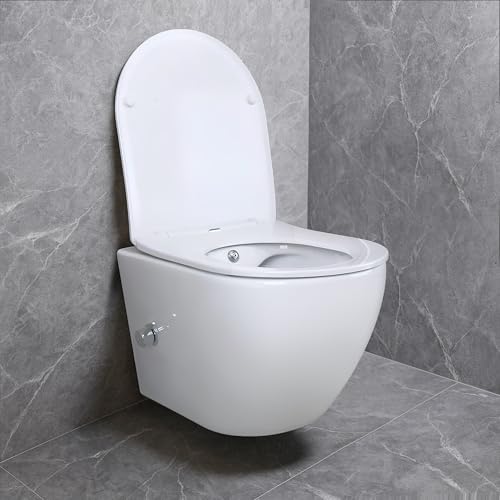 Belvit Spülrandloses Hänge-WC Set mit Taharet-Funktion, UP100 Vorwandelement, Softclose-Sitz, Betätigungsplatte weiß, Schallschutz, wandhängende Montage, hygienische Keramik, Weiß, 112x50x12 cm