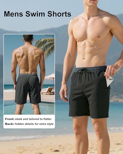 Image of Mens Swim Trunks with Compression Liner 2 in 1 Quick Dry Swimming Shorts Swimwear Bathing Suits with Pockets
