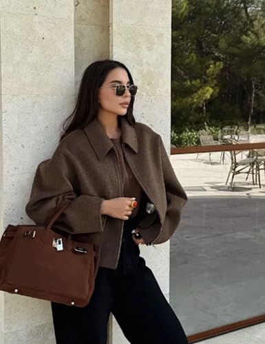 Womens Cropped Wool Jacket Warm Winter Fleece Bomber Jacket Zip Up Short Pea Coats with Pockets4