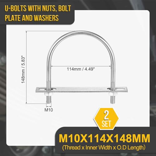 Image of DTGN M10x114x148mm U Bolts Round Kit - 2Set - 304 Stainless Steel U-Bolt Kit with Nuts, Washers, Frame Plate - Good for Pipe, Trailer, Automotive, Leaf Spring Fastener