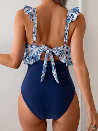 Image of Eomenie One Piece Swimsuit for Women Tummy Control Ruffle Bathing Suit V Neck Ruched Swim Suit Slimming Cutout Swimwear