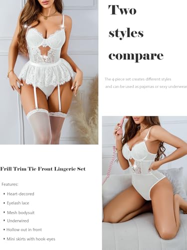 Image of Alrovetoney Women Lingerie Set Naughty Lace Bodysuit High Waisted Underwire Lingerie Babydoll With Garter Belt and Stockings