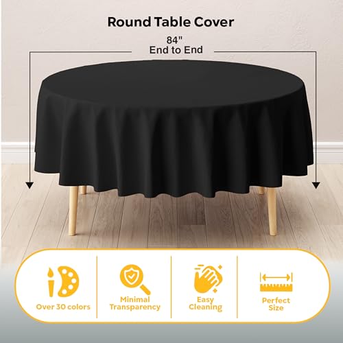Image of Exquisite 12 Pack Round Plastic Tablecloth Disposable 84 Inch Heavy Duty Waterproof Opaque Table Cover, Fits 72 Inch Tables for Party, Wedding, Graduation, Picnic, BBQ Black