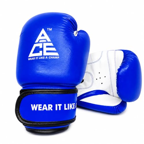 Image of ACE Genuine Leather Boxing Gloves | Adult Training Gloves for Sparring | Shock Absorbing Padding | Secure Wrist Strap | Punching Bag Workout | Blue | 8 oz