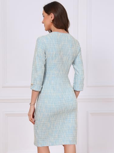 Image of Allegra K Tweed Dress for Women's Boat Neck 3 /4 Sleeve Elegant Work Pencil Sheath Dress