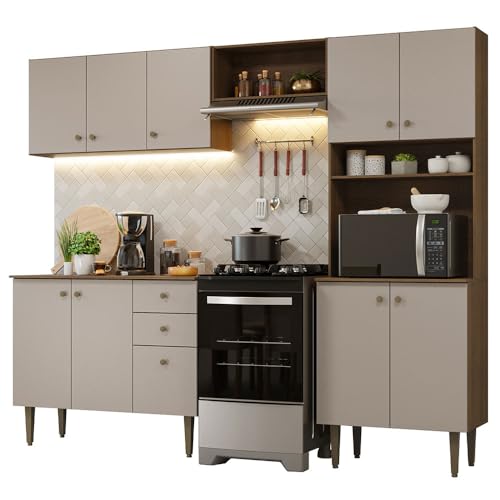 Image of Madesa Compact Kitchen Set with Cabinets, Ample Storage 235 Cm Wide with Multiple Compartments, 10 niches, 2 Drawers - Brown /Beige