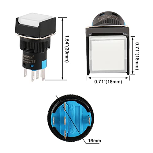 Baomain BM-16LS-W12V 5/8 Inch 16Mm Latching Push Button Switch Square Cap Led Lamp White Light Dc 12V Spdt 5 Pin Pack Of 5 thumb #2