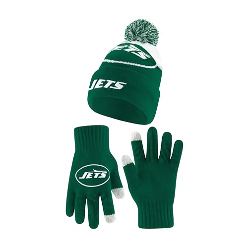 Ultra Game NFL Official Youth Super Soft Winter Beanie Knit Hat with Extra Warm Touch Screen Gloves, New York Jets, Team Color 2, 1SIZE