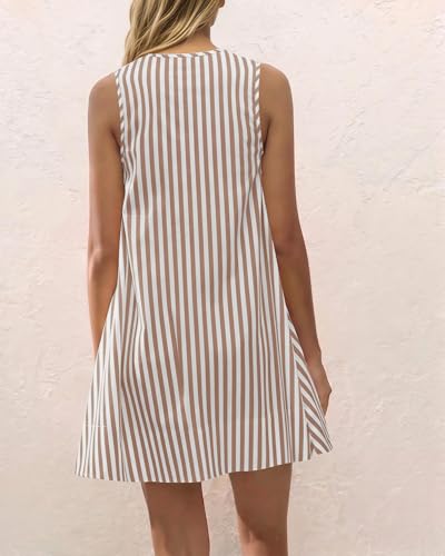 Image of Women Summer Sleeveless Babydoll Mini Dress Scoop Neck Loose Fit Tank Dresses Party Ruched Short Dress with Pockets