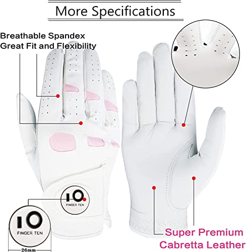 FINGER TEN Golf Gloves Ladies Left Hand Right Cabretta Leather with Ball Marker Value Pack - Image 2