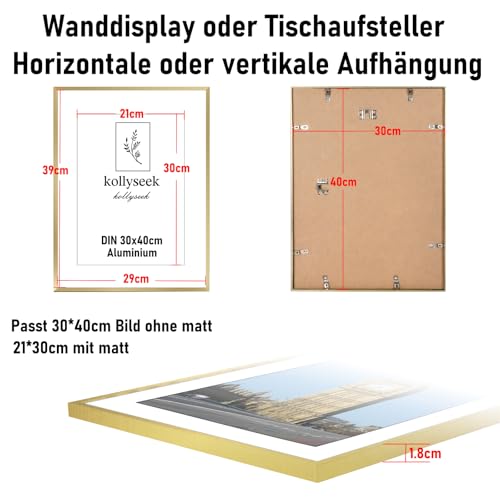 kollyseek Aluminium Frame 30x40cm Gold Metal Poster Frame with Shatterproof Acrylic Glass Modern Picture Frame with Mount for Pictures Poster Photo Gold - Image 3