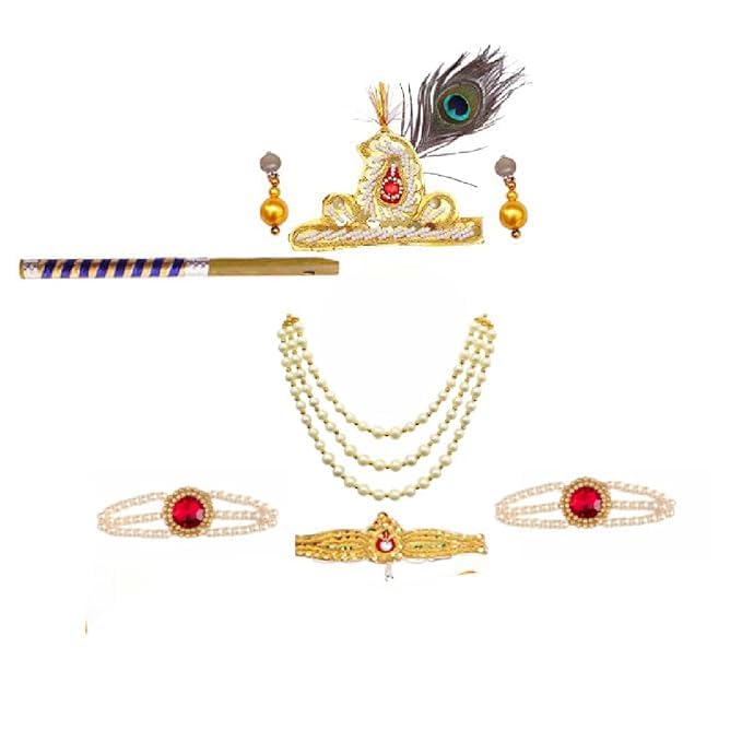 Image of Krishna Dress for Baby Boy Kids(Dhoti,Patka,Mukut,Morpankh,Bansuri,Kamarband,Bajuband,Kundal) Little Krishna Ji Kanha Janmasthmi Costume