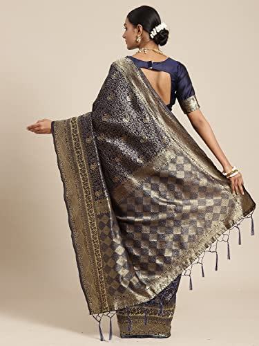 Image of AKHILAM Women's Kanjivaram Banarasi Silk Woven Design Saree With Unstitched Blouse Piece (Navy Blue FF0TOSH9103)