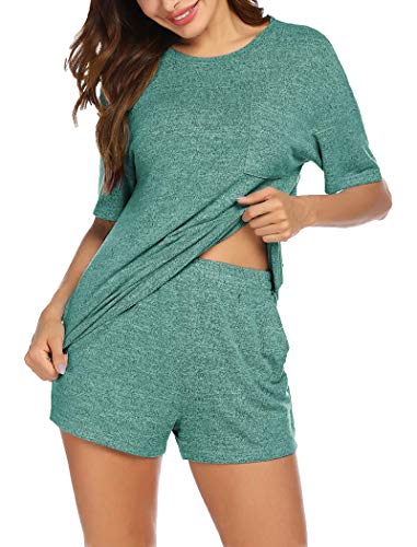 LOLLO VITA Women Nightwear Short Sleeve Shirt and Shorts Pajama Set V Neck Sleepwear Green M