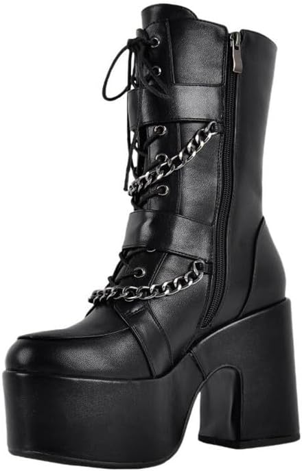 Only maker Women’s Platform Gothic Style Boots-Chunky High Heel Chain Detail Side Zipper-Punk Rock Ankle Boots for Party Clubwear Cosplay