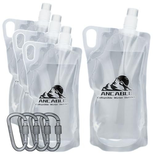 Ancable 1L Hiking Collapsible Water Bottles, 4-Pack 33OZ BPA-Free Foldable Backpacking Water Bottle...