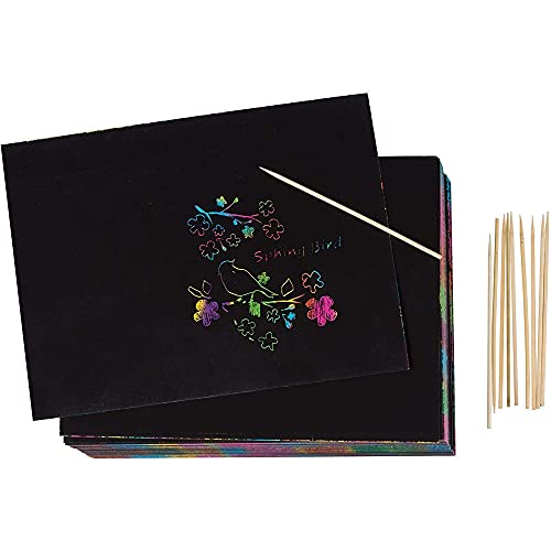 Juvale 110 Piece Rainbow Scratch Paper with Wooden Stylus Pens, Large Sheets (8x11 in)