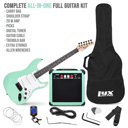 Image of LyxPro 39 inch Electric Guitar Kit Bundle with 20w Amplifier, All Accessories, Digital Clip On Tuner, Six Strings, Two Picks, Tremolo Bar, Shoulder Strap, Case Bag Starter kit Full Size - Green