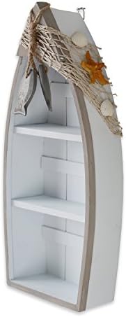Wooden Boat Shelf, 16.5"H Standing Boat Display with Fish Net Starfish Seashell Accents White Beach Nautical Theme Decor