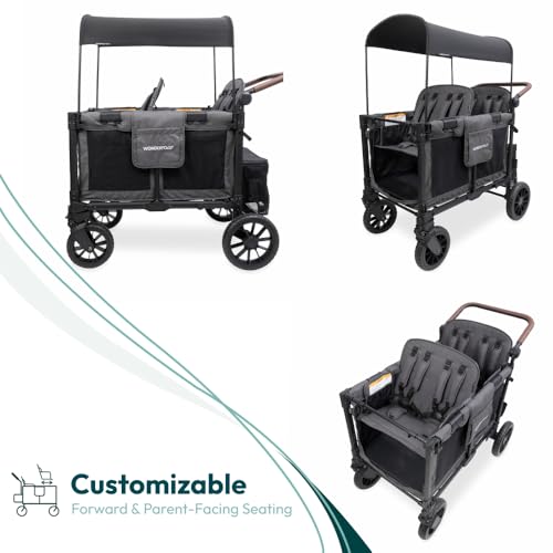 Image of WonderFold W4 Luxe Pro Stroller Wagon - Collapsible Stroller Wagon with Aluminum Frame - Adjustable Canopy & Push Handle - XL All-Terrain Wheels - For Babies, Toddlers & Kids - 4 Seater - Gray