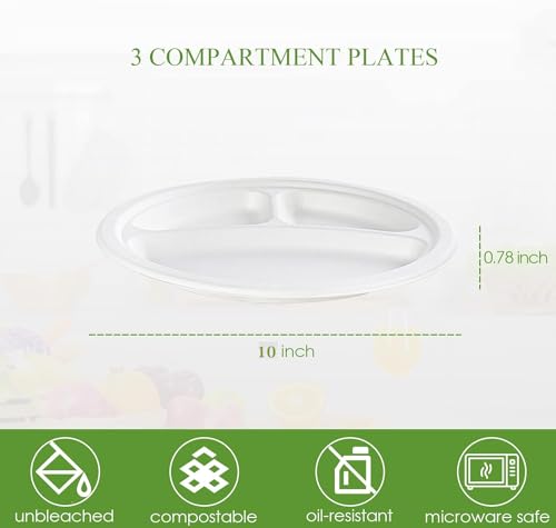Image of Disposable Plates Bagasse | 10 inch 3-Compartment Round | 10 Pack | Disposable Plates Bagasse | Biodegradable | Sugarcane Paper Plates | Birthday & Party (10 inch, 10)