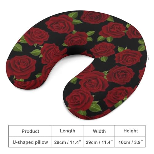 Image of Memory Foam Travel Pillow Red Rose Floral, Breathable Chin Head Support, Washable Zip Cover for Airplane Car Office Pain Relief