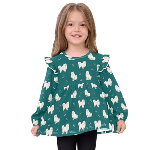 Samoyed Dog Butterflies Girls Shirts Cotton Long Sleeve Ruffle Toddler Tee Tops3