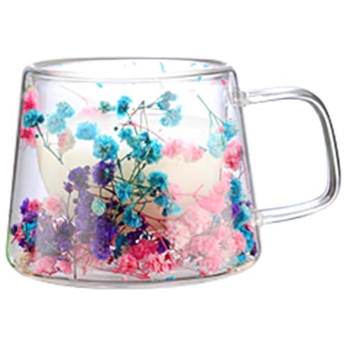 Genérico Tazas De Café 250ml Vaso Doble Pared, Vasos Cafe Cris-tal Flores Secas, Vasos De Doble Pared Con Asa, Tazas De Vidrio Borosilicato Resistente Al Calor Para Té, Café, Leche, Macchiato