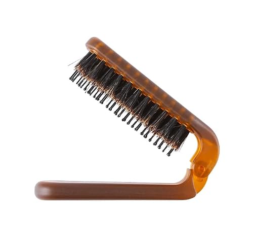 Travel Folding Boar Bristle Brush - Collapsible Anti-Static Pocket Hair Styling Tool for Women and Men (Amber color)