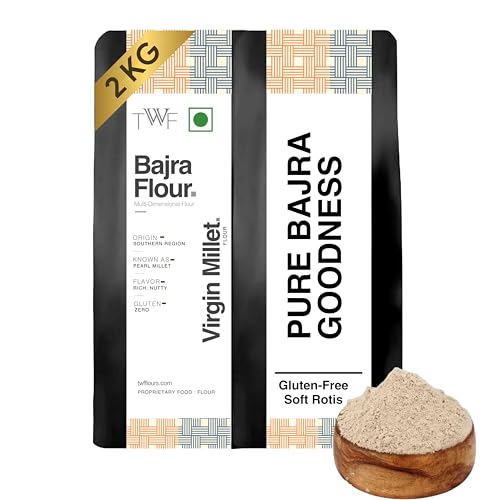Image of TWF Bajra Flour | 2 Kg | 100% Bajra Millet Flour | Pearl Millet Atta | Natural & Gluten Free | Hulled | Stone Ground | Rich in Iron | High Fibre Atta | Ideal for Bhakri, Roti, Thepla | No Maida | No Additives