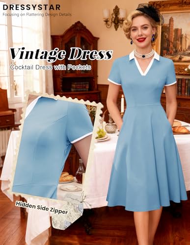 Image of Dressystar Women's 1950s Vintage Swing Dress Short Sleeve V Neck A Line Retro Rockabilly Cocktail Party Dresses With Pockets