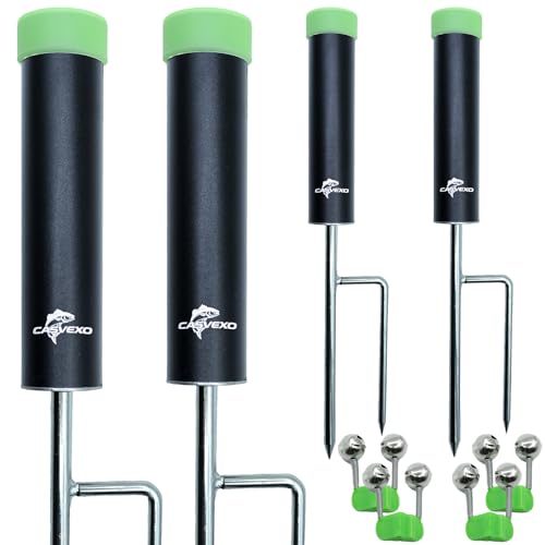 CASVEXO 4 Pack Fishing Rod Holder, Aluminum Fishing Pole Holder for Ground, Rod Holders for Bank Fishing, Double Spike Support, 4 Free Alarm Bells