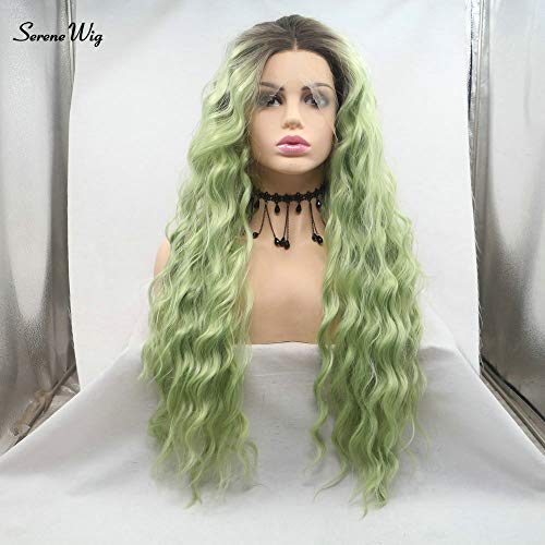 SereneWig Drag Queen Matcha grüne Lace-Front-Perücke Ombre dunkle Wurzeln Wasserwellen langes Kunsthaar Damen Mode Cosplay Festival Zartgrüne Perücken für Frauen Cover