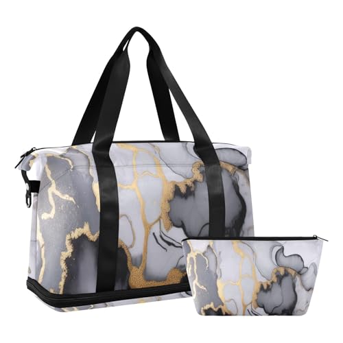 Gray Gold Black Marble Gym Bag for Women Sport Travel Duffel Bag Shoulder Weekender Overnight Bags with Wet Pocket & Shoe Compartment