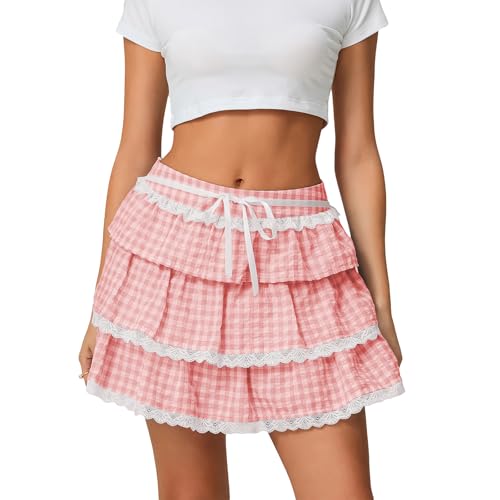 Women Y2K Plaid Lace Trim Ruffled Short Skirts Gingham Layered Mini Skirt Tiered A-line Short Skirt Dresses Streetwear2