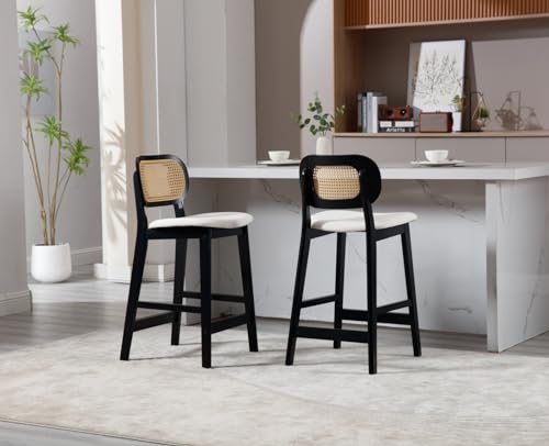 CIMOTA Rattan Bar Stools Set of 2, Farmhouse Wood Barstools Boho Kitchen Island Stools Comfortable Upholstered Counter Height Bar Chairs, 26 Inch/Black Wood/Linen Beige - Thumbnail 7