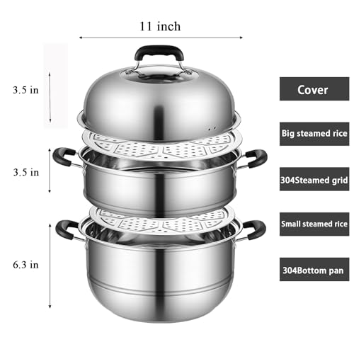 MANO Steamer Pot for Cooking 11 inch Steam Pots with Lid 2-tier Multipurpose Stainless Steel Steaming Pot Cookware with Handle for Vegetable, Dumpling, Stock, Sauce, Food