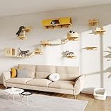 Homiflex 16-in-1 Cat Wall Shelves, Wall Mounted Cats Furniture Set w/Plush Fabric, Cat Climbing Wall Systems, Cats Shelf with 40''L Tunnel, Condos, House, Steps, Bridge Ladder & Scratching Post, Beige