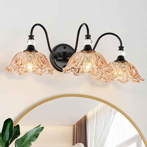 Image of Black Bathroom Vanity Light,3-Light Vanity Light with Floral Amber Glass Shades,Vintage Farmhouse Wall Mount Lighting for Bathroom, Dressing Table
