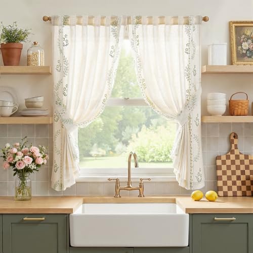 Image of jinchan Green Floral Linen Kitchen Tier Curtains 50x54 Inch 2 Panels