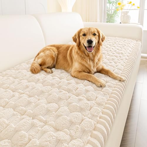 Smiry Non Slip Couch Covers for Dogs, Scratch Resistant Pet Sofa Protector, Machine Washable Soft Fuzzy Thick Furniture Cover for Sofa Loveseat Sectional Large Dogs (Cream, 27.6' x 59')