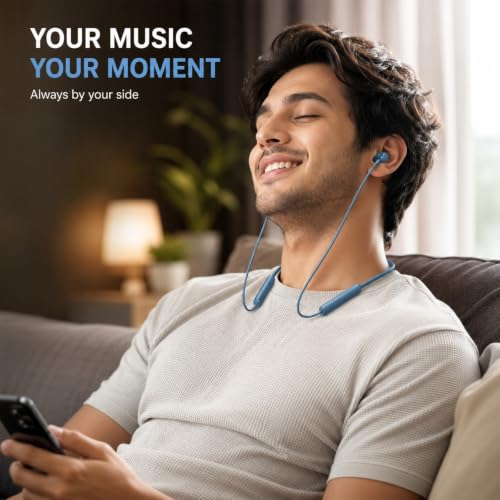 Image of Kratos Blue Bluetooth Neckband with 55H Playtime, Deep Bass, Stereo Sound, HD Calls, Magnetic Earbuds, Voice Assistant, Type-C Fast Charging, Rich Audio, Hollow Switch for Comfort & Style