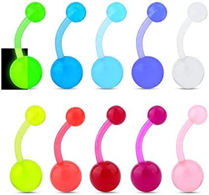 CM Crareesi Mania 10Pieces Belly Button Rings Glow in The Dark Belly Rings 14G Acrylic Flexible Banana Barbells Colorful Navel Piercing Jewellery Navel Bars