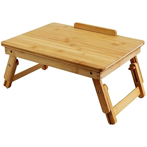 WKWKER Bamboo Laptop Desk with Folding Legs Tilting Surface Workstation Table Adjustable Laptop Stand Bed Tray for tv Sofa Study Computer Ipad Book (Natural) Cover