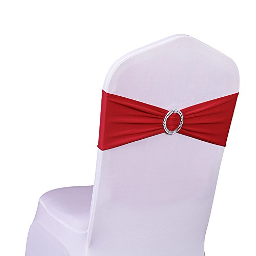 SINSSOWL Bandeau de Chaise élastique à Enfiler avec Boucle pour Mariage nœud de Chaise en Lycra, Rouge, 50PC