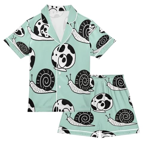 Satin Pajama Sets Short Sleeve Cute Cow Snail Pattern Button Down Silky Nightwear 2 Piece PJS 5-14Y